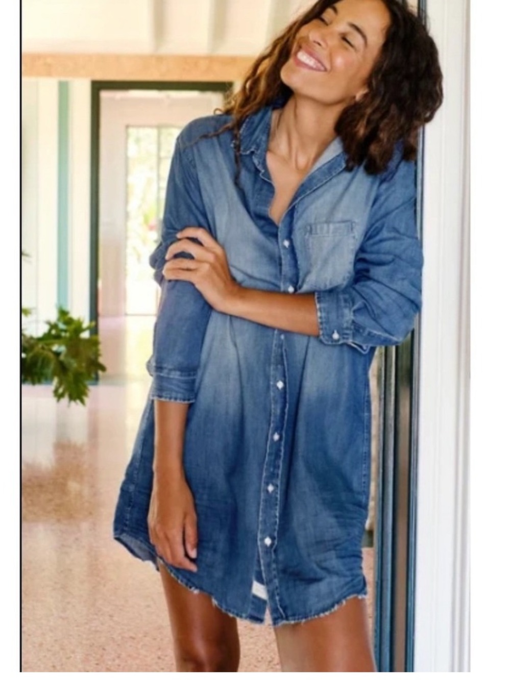 Frank & Eileen Mary Distressed Blue Denim Shirt Dress Medium Classic Staple